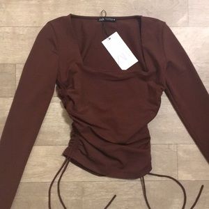 Zara brown lace up top